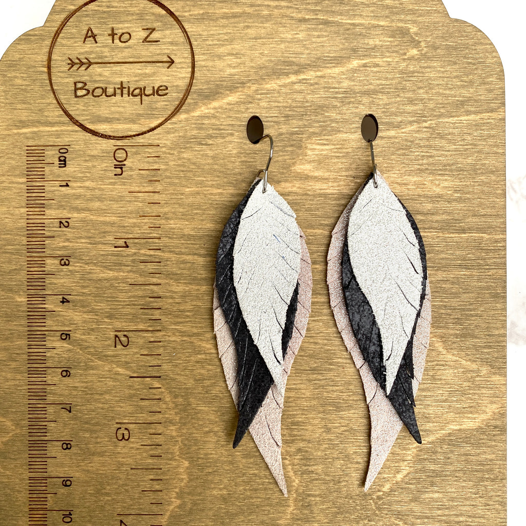 Pink Black Silver Shimmer Leather Feather Earrings