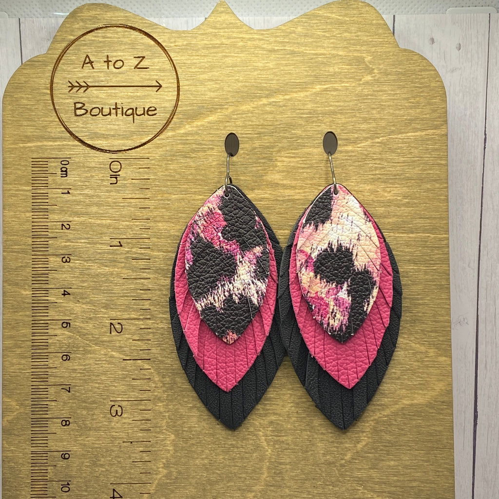 Animal Print Black and Pink Large Leather Feather Earrings