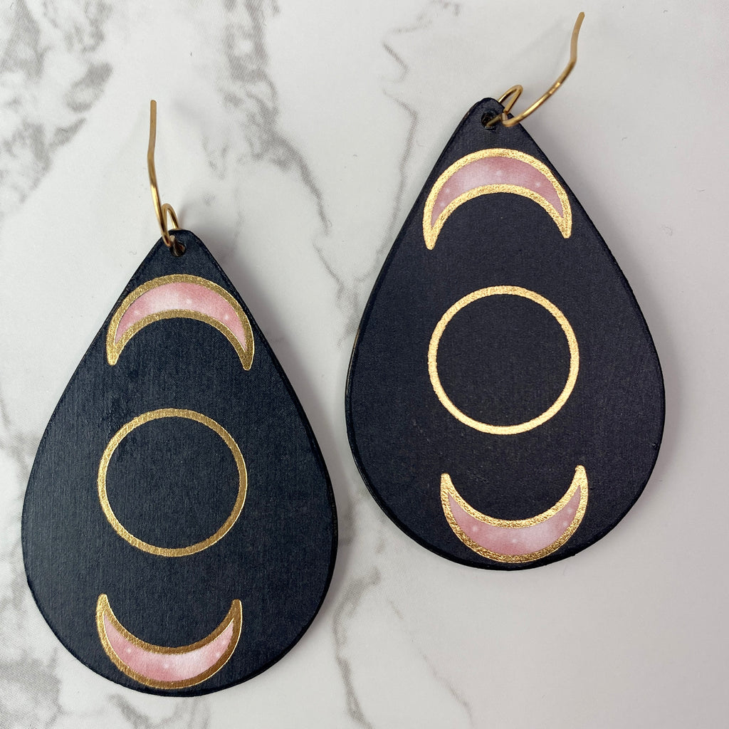 Black and Pink Moon Phase Wood Earrings