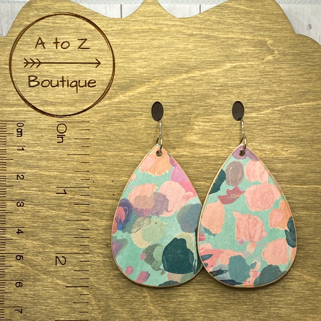 Teal and Pink Floral Wood Earrings