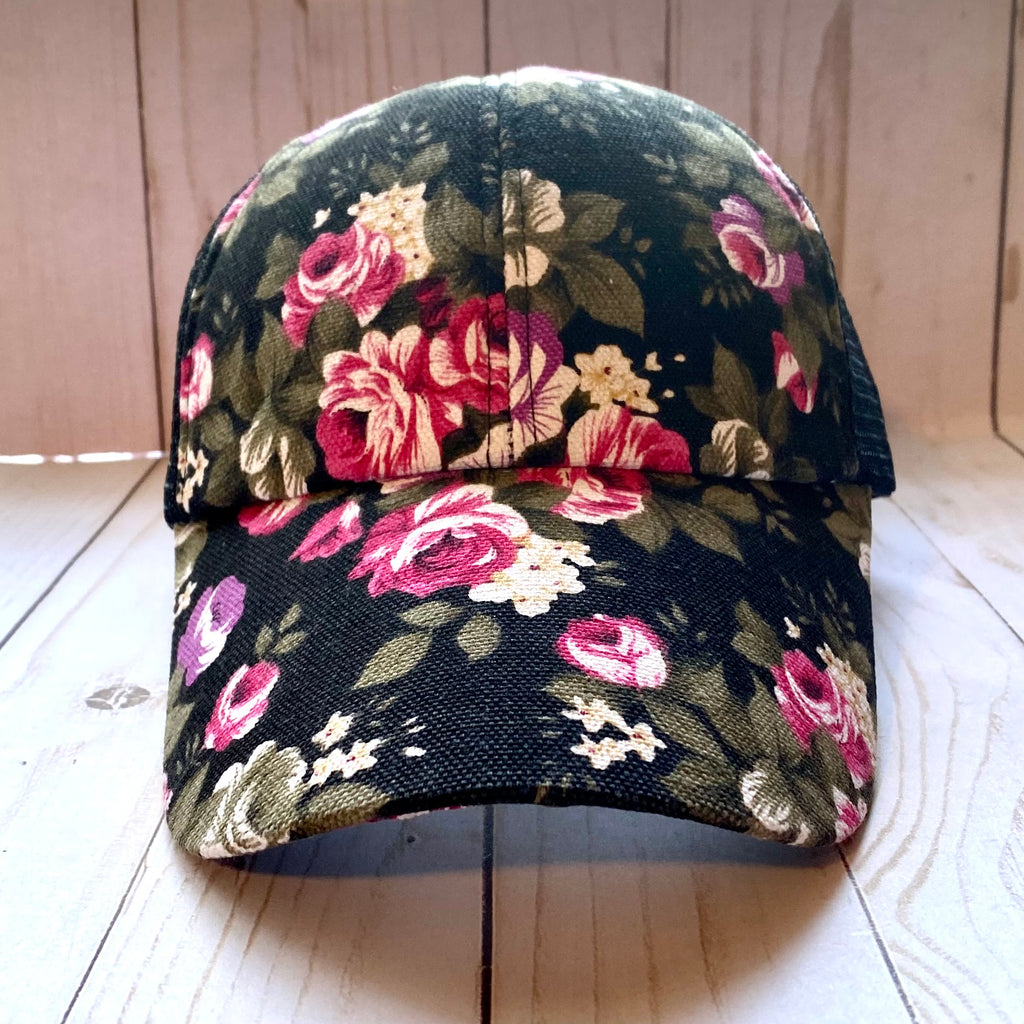 Black and Pink Floral Trucker Hat