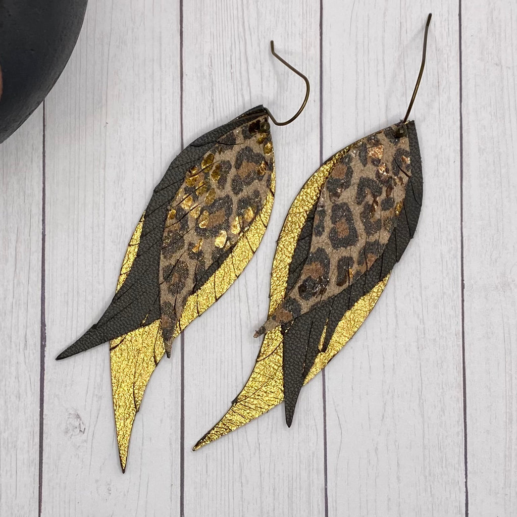 Genuine Leather Cheetah Feather Earrings