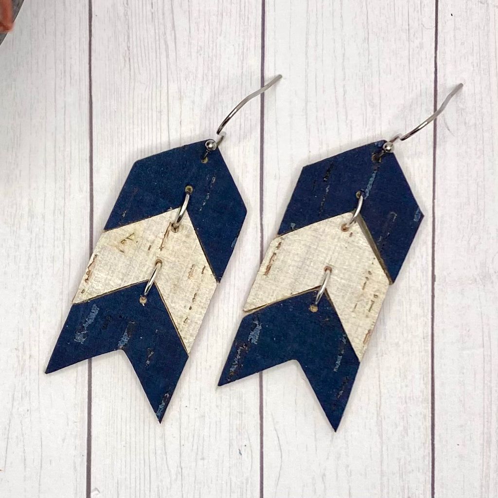 Cork on Leather Navy and Cream Chevron Earrings