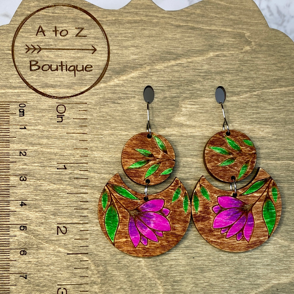 Round Pink Floral Wood Hand Painted Earrings