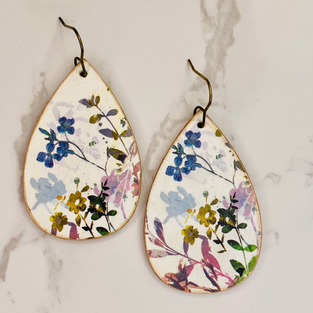 Ivory and Blue floral print Wood Earrings