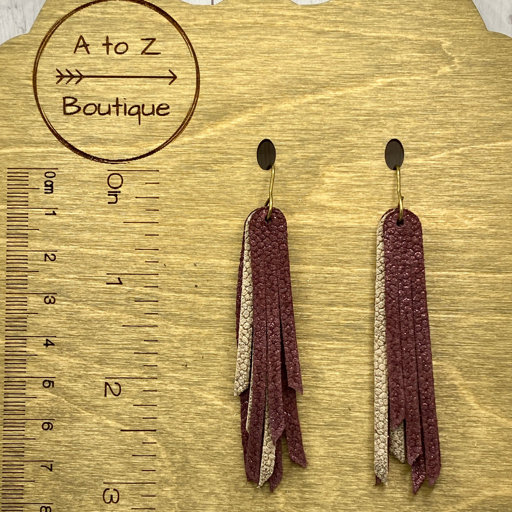 2.75” Burgundy and Taupe Leather Fringe Earrings