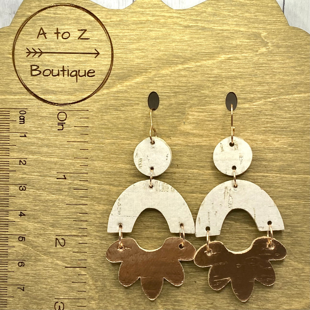 Rose Gold and Off White Flower Arch Leather Earrings
