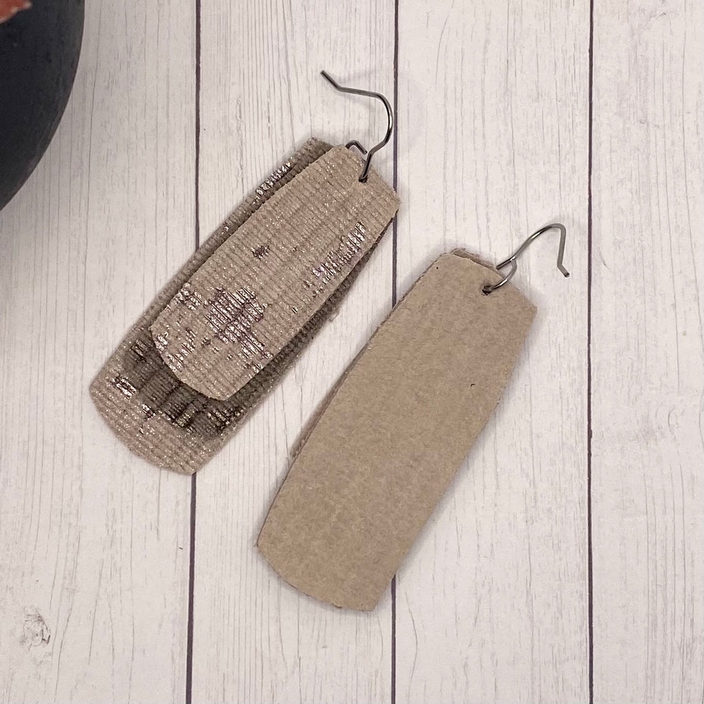 Triple Rectangle Tan and Brown Genuine Leather Earrings