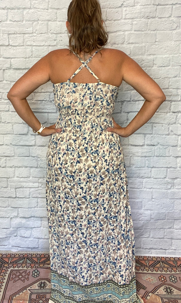Ivory and Blue Floral Maxi Dress