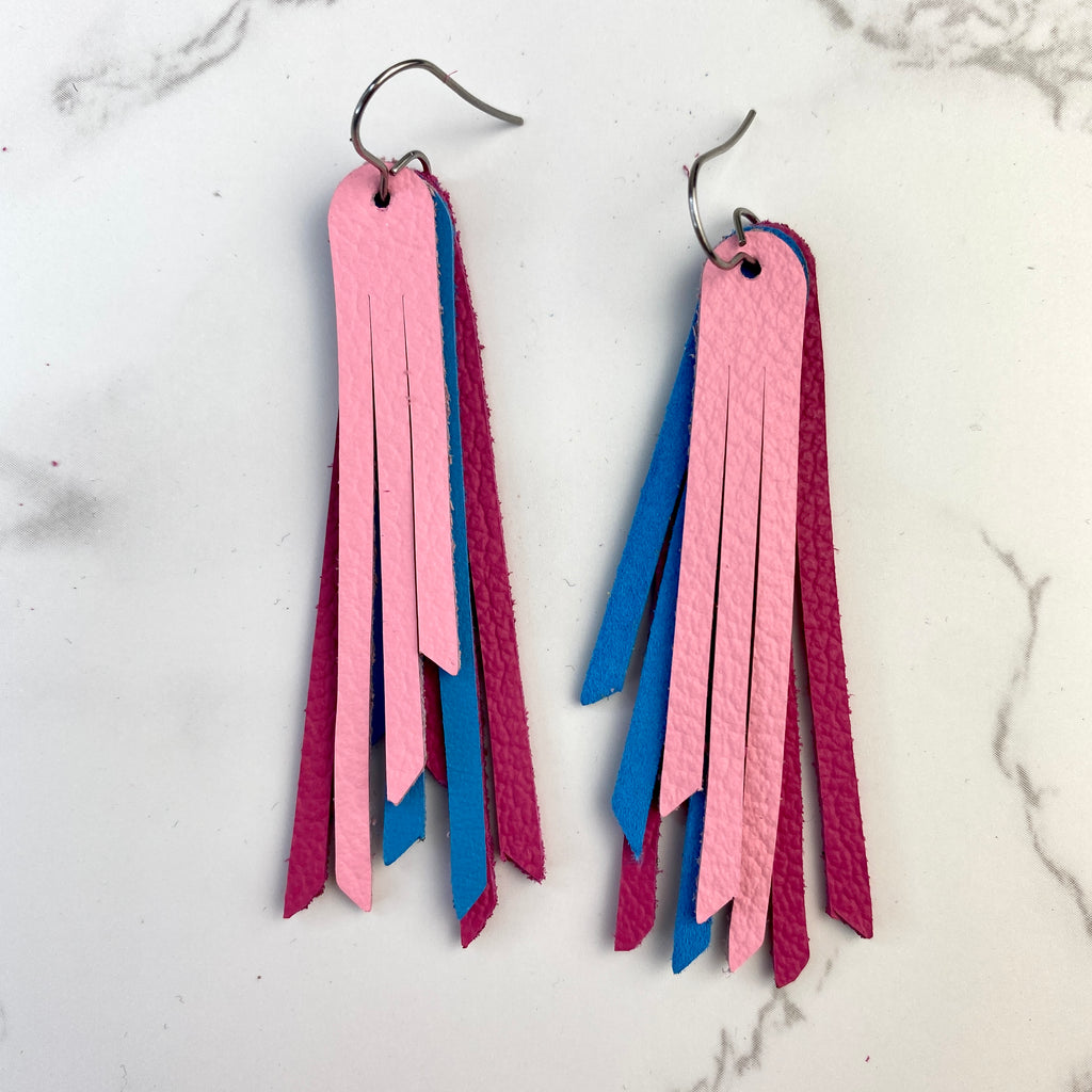 2.75” Pink and Blue Leather Fringe Earrings