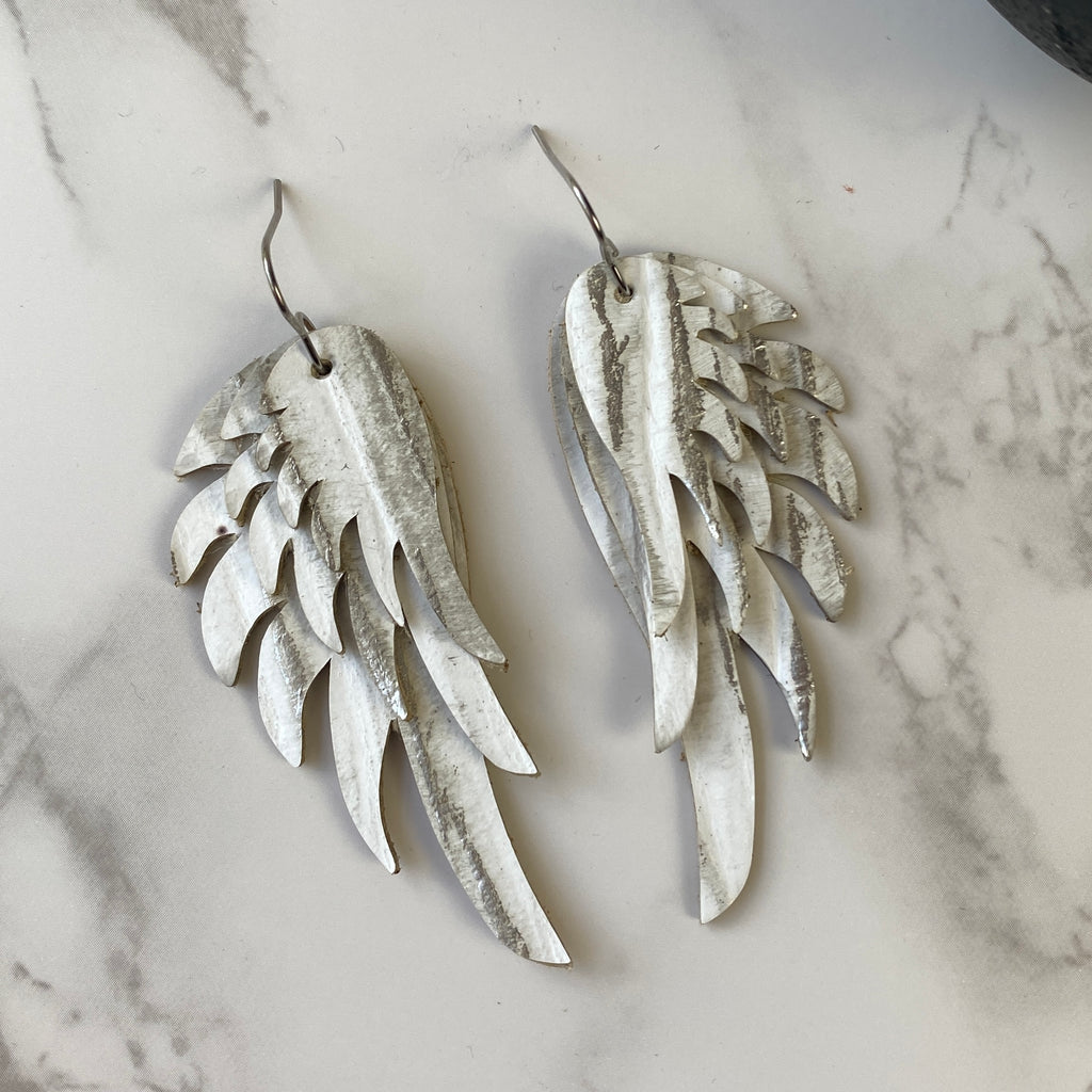 White And Gray Leather Wing Earrings