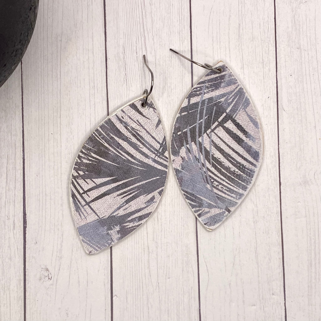 Navy Blue and White Leaf Wood Earrings