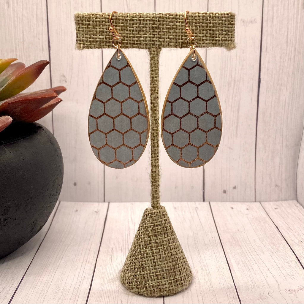Dusty Purple with Rose Gold Honeycomb pattern Wood Earrings