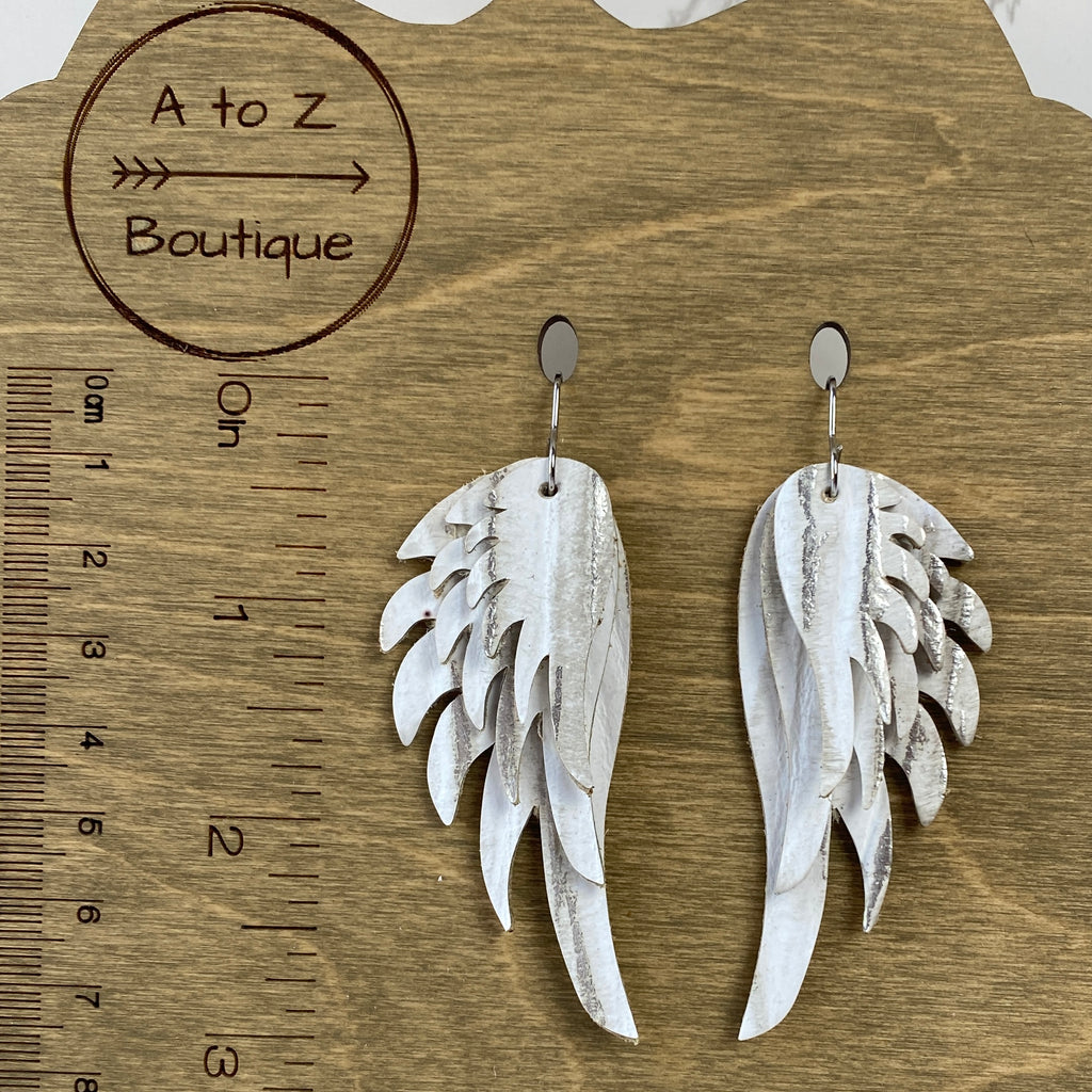 White And Gray Leather Wing Earrings