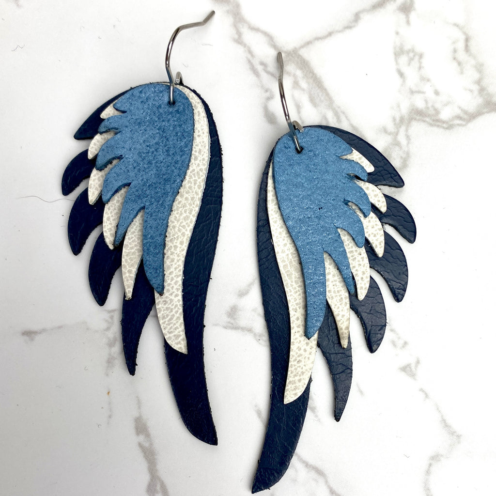 Navy Off White and Blue Leather Wing Earrings