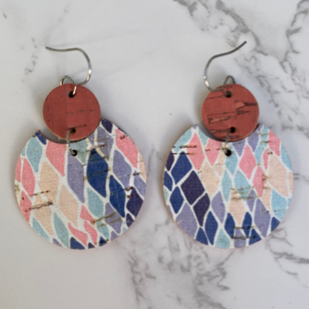 Pink and Blue Diamond Cork and Leather Earrings