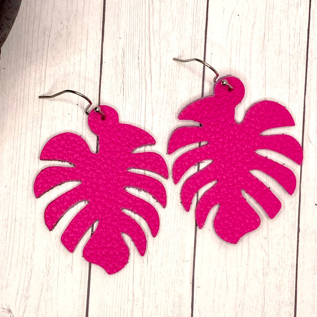 Neon Pink Montersa Palm Leaf Leather Earrings