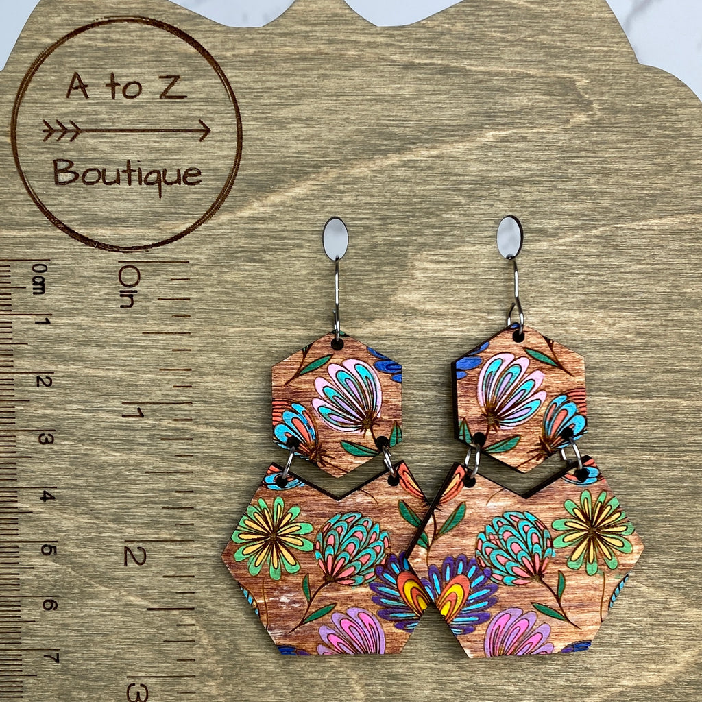 Floral Hexagon Wood Hand Painted Earrings