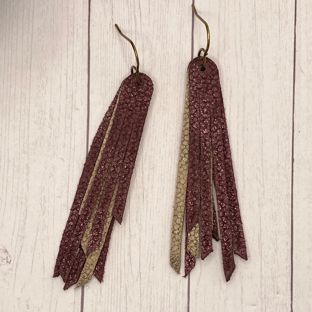 2.75” Burgundy and Taupe Leather Fringe Earrings