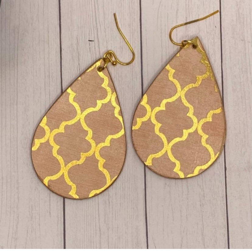 Pink and Gold Moroccan Tile Wood Earrings