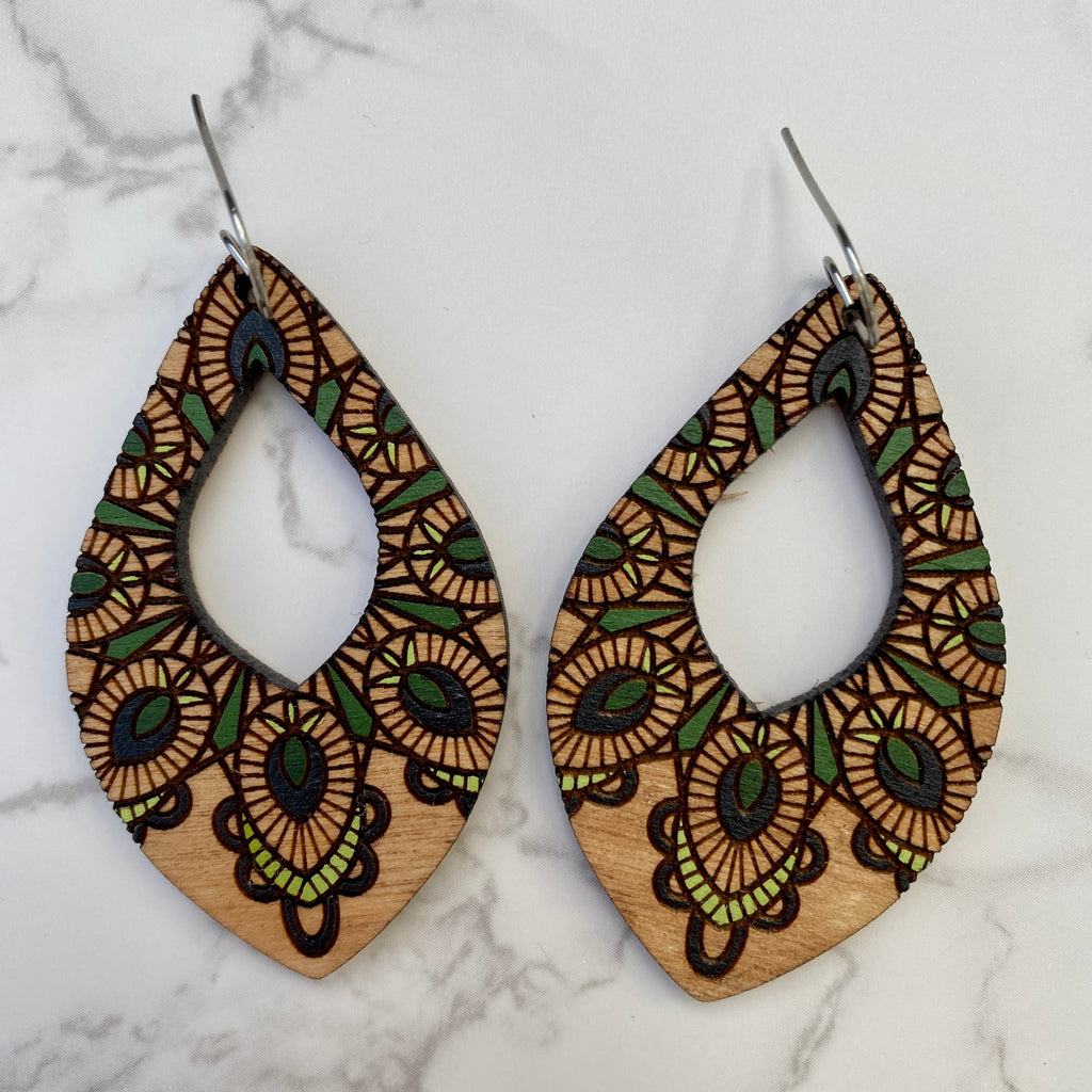 Olive and Black Teardrop Wood Hand Painted Earrings