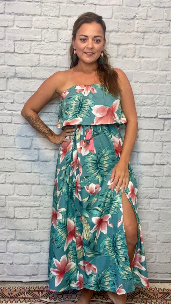 Green and Coral Tropical Floral Strapless Dress