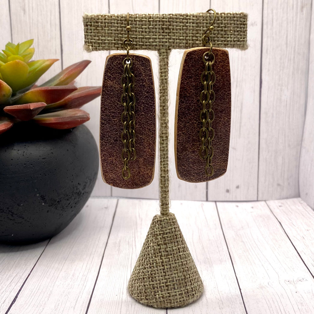 Brown Wood Rectangle Earrings with Bronze Chain