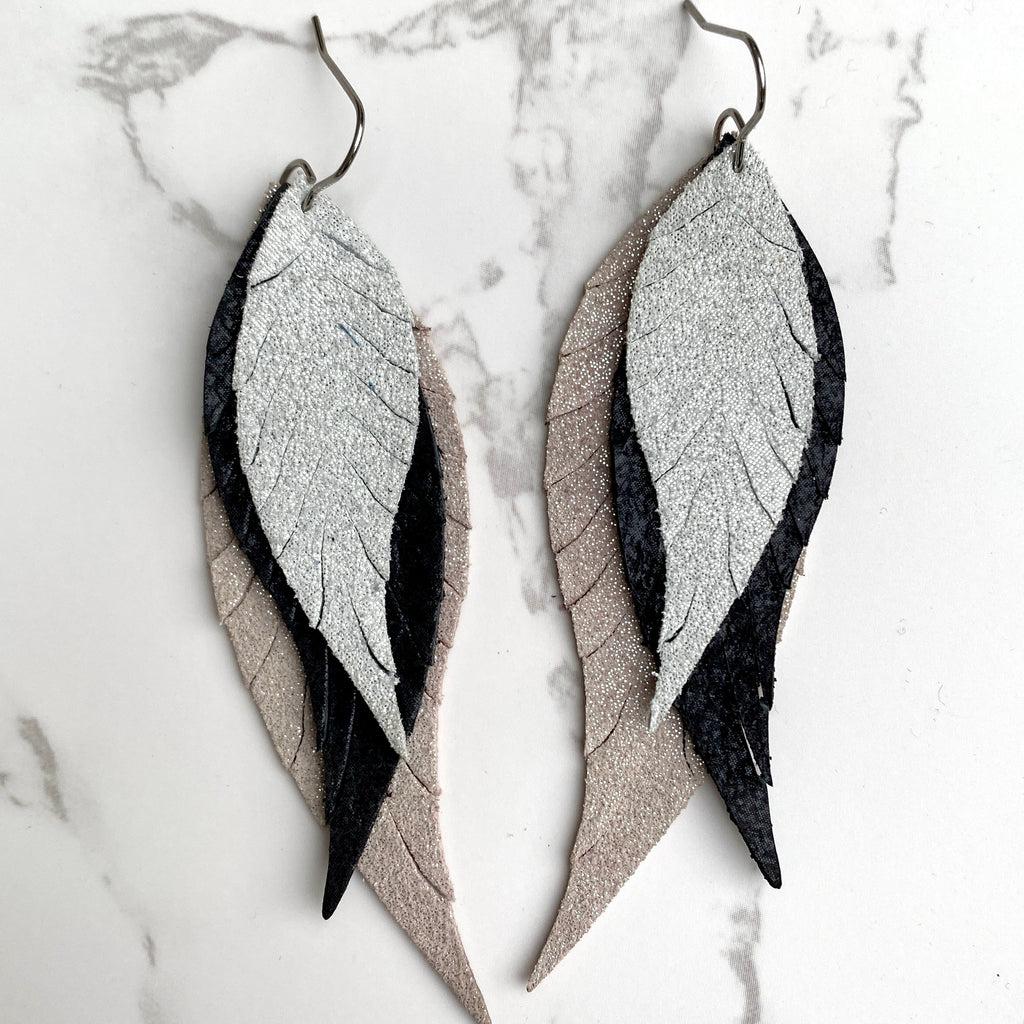 Pink Black Silver Shimmer Leather Feather Earrings