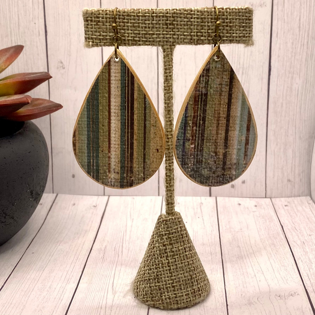 Blue and Green Distressed Striped Wood Earrings