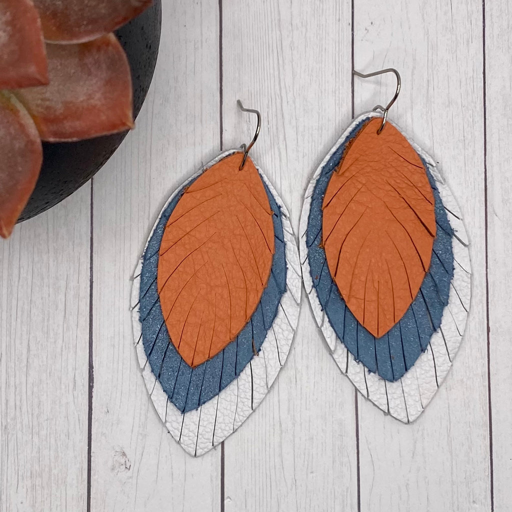 White Blue And Coral Large Leather Feather Earrings