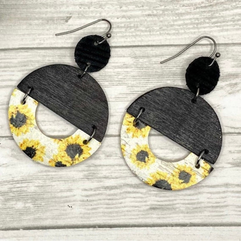 Black Wood and Sunflower Leather Double Circle Earrings