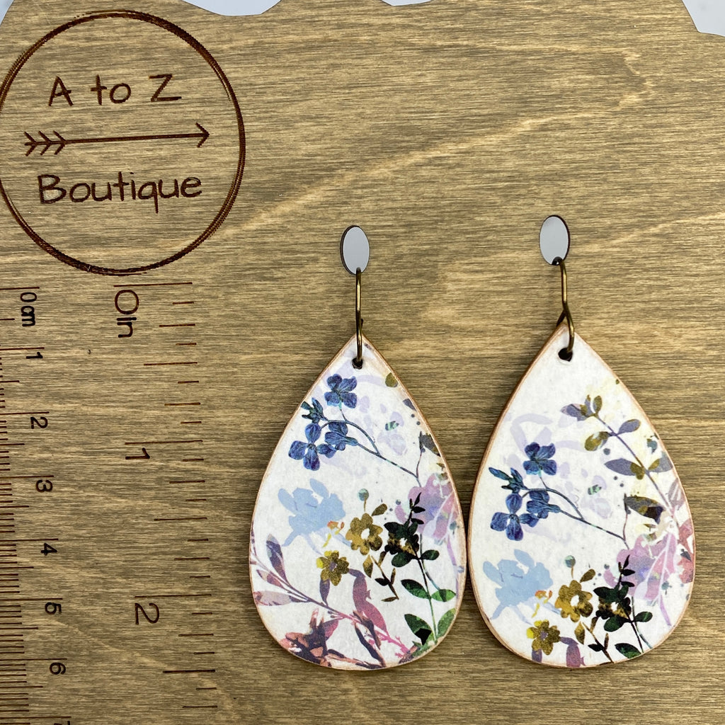 Ivory and Blue floral print Wood Earrings