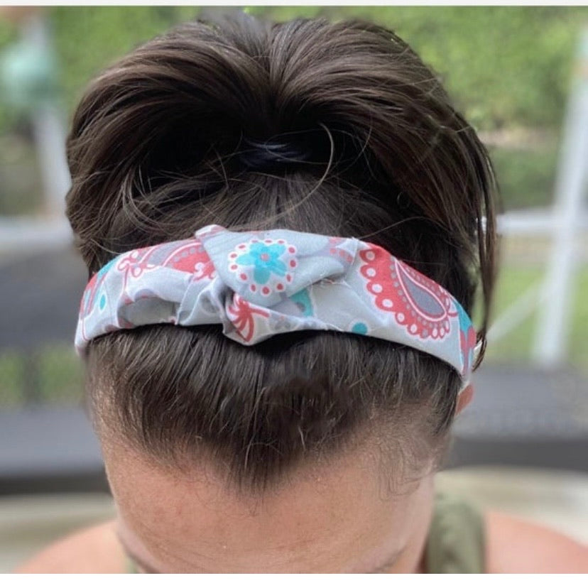 Gray Floral Top Knot Headband