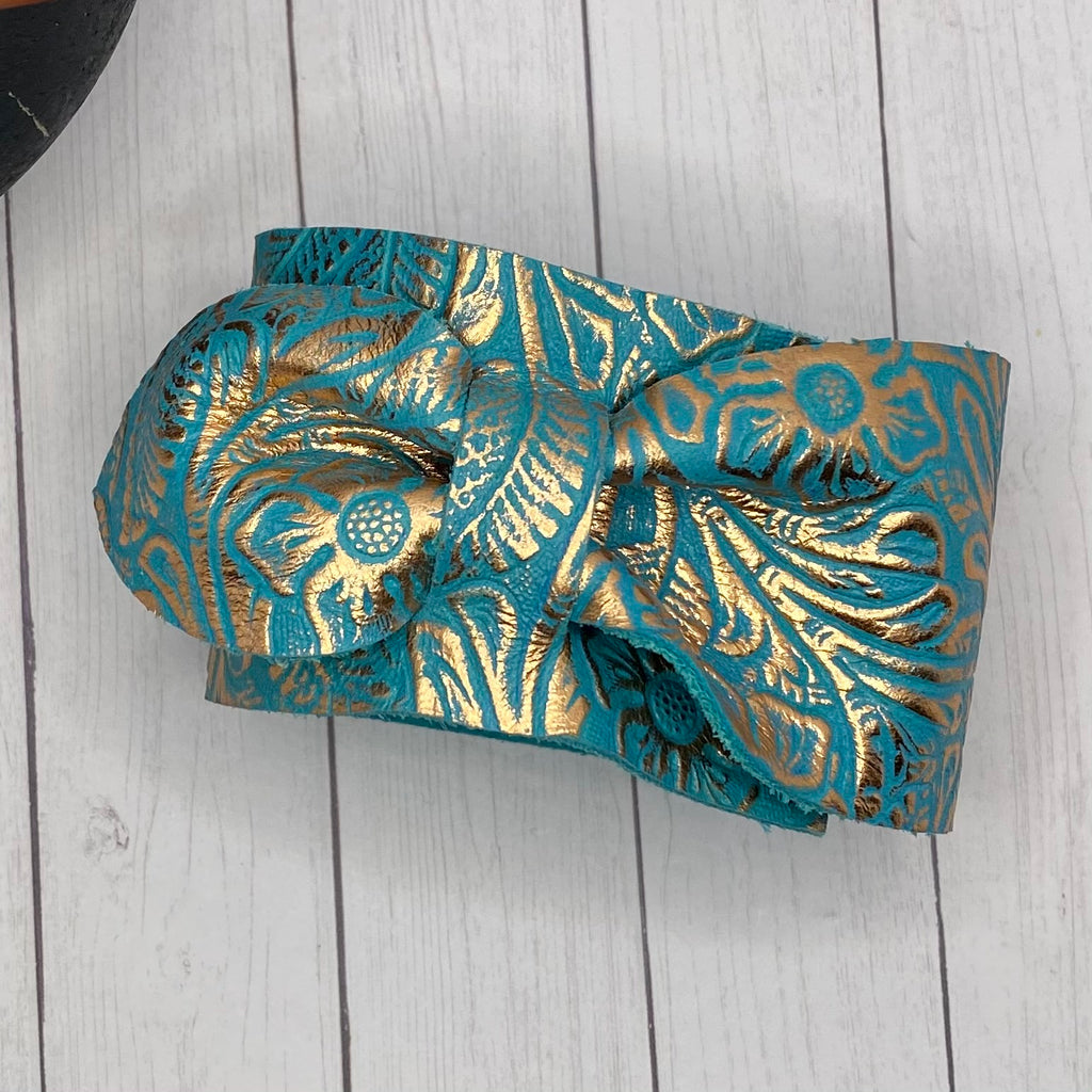 Turquoise and Rose Gold Genuine Leather Bow Cuff Bracelet