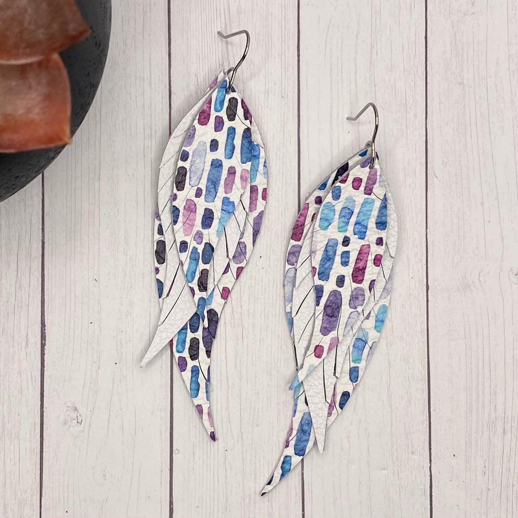 Blue and Purple Watercolor Genuine Leather Feather Earrings
