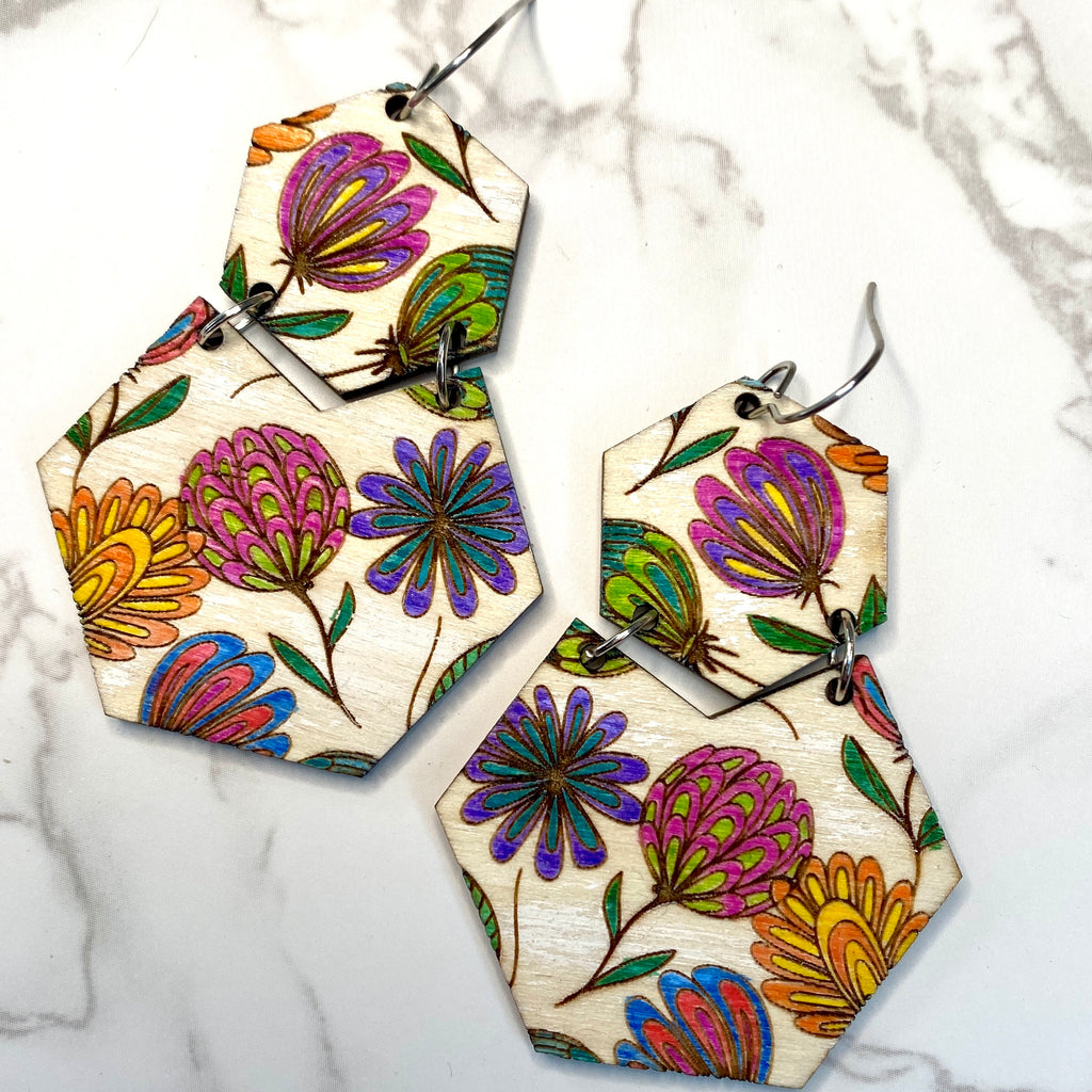 Floral Hexagon Light Wood Hand Painted Earrings