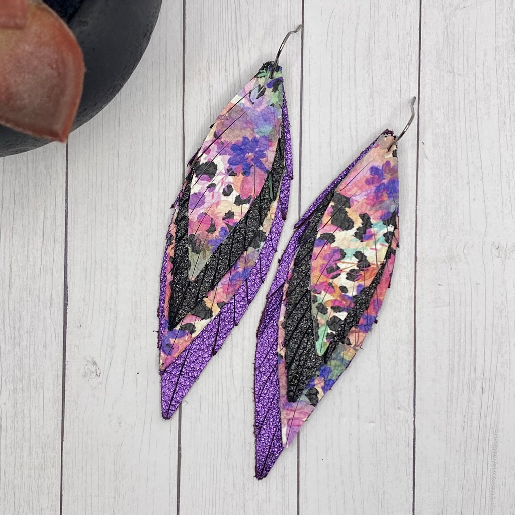 Metallic Purple Black Floral Watercolor Large Leather Skinny Feather Earrings