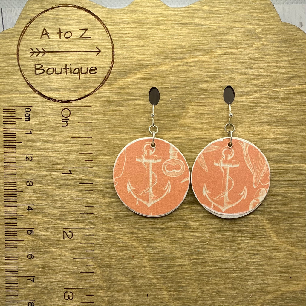 Coral Anchor Wood Earrings