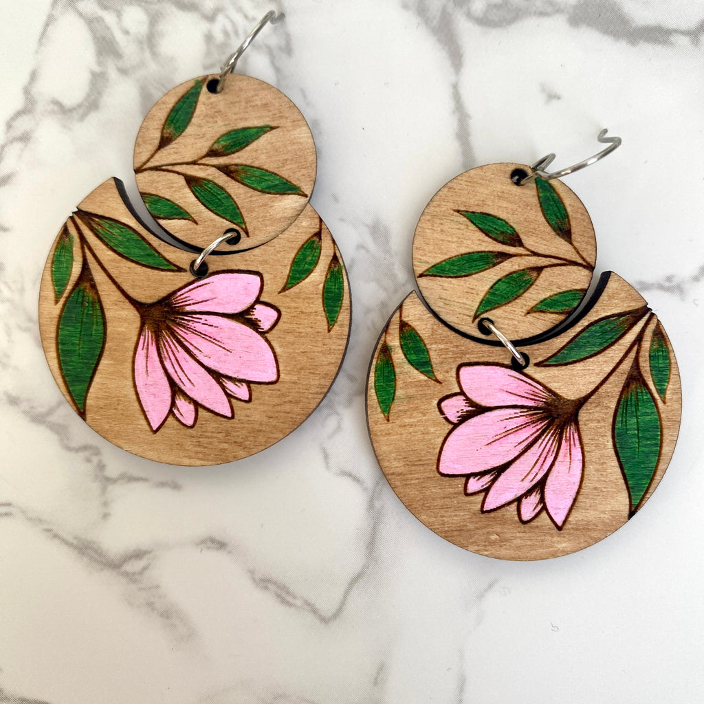 Pink Floral Round Wood Hand Painted Earrings