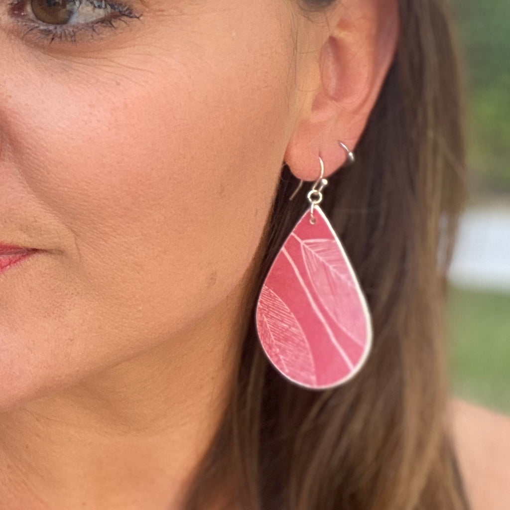 Coral and White Leaf Wood Earrings