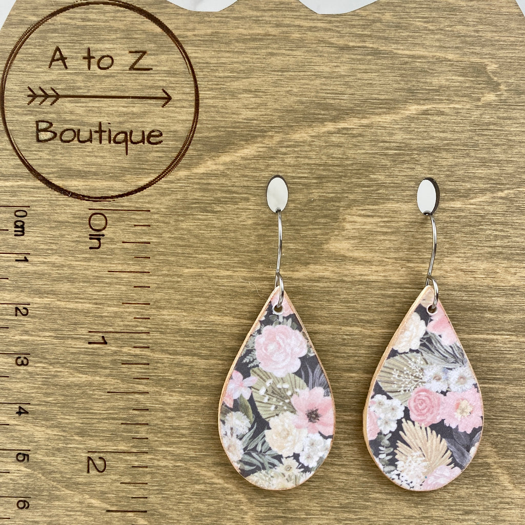 Gray and Pink Floral Wood Earrings