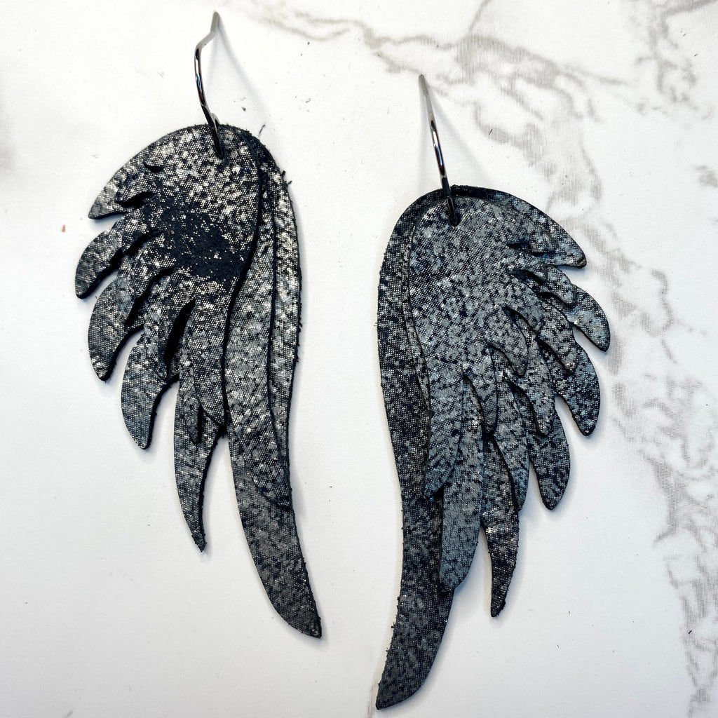 Black And Gray Distressed Leather Wing Earrings