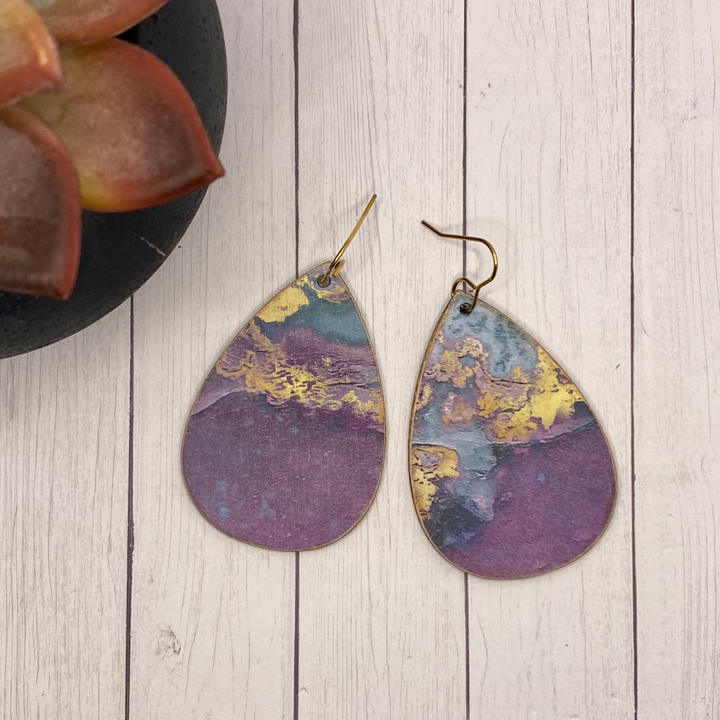 Purple and Blue Geode Pattern Wood Earrings