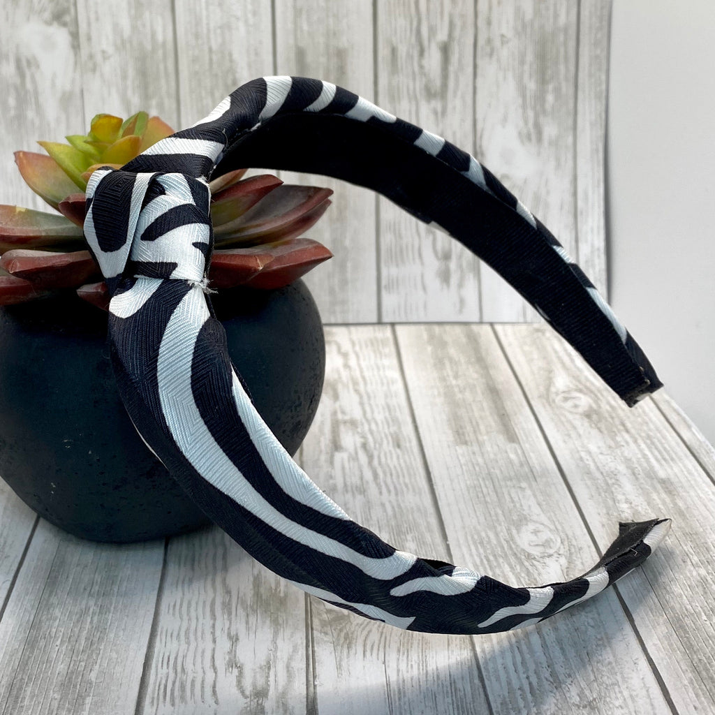 Black and White Upcycled Silk Knot headband