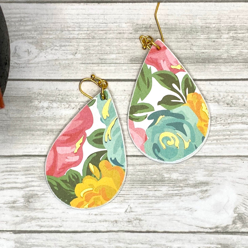 Gold Blue Pink Floral Wood Earrings