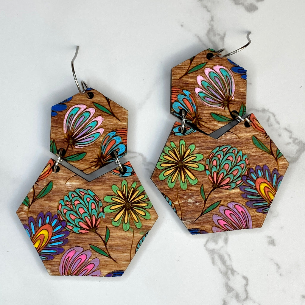 Floral Hexagon Wood Hand Painted Earrings