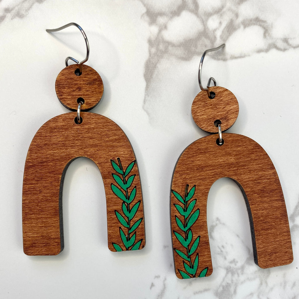 Arched Leaf Wood Hand Painted Earrings