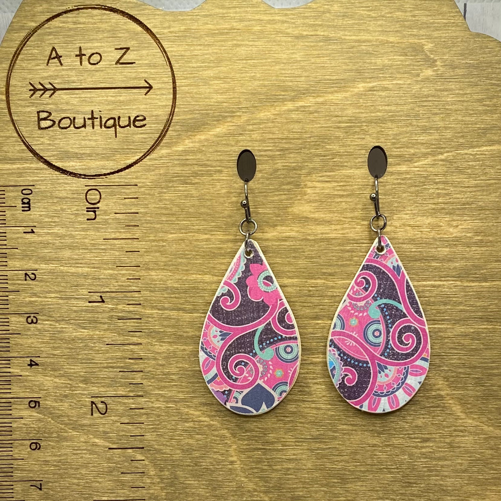 Pink and Blue Paisley Wood Earrings