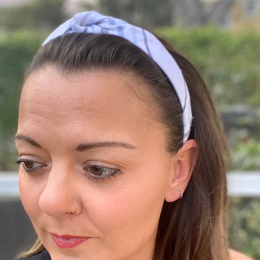 Blue and White Linen Upcycled headband
