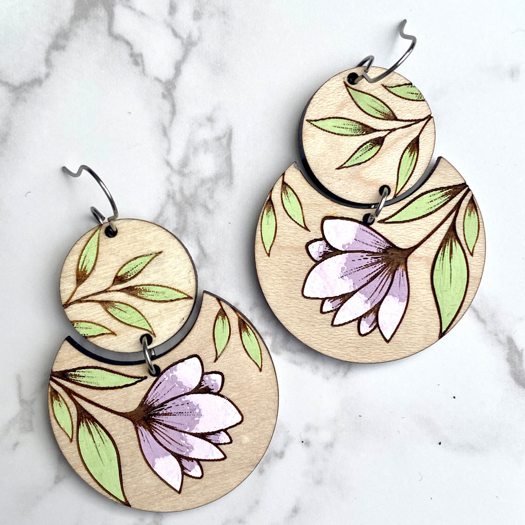 Pink Purple Floral Round Wood Hand Painted Earrings
